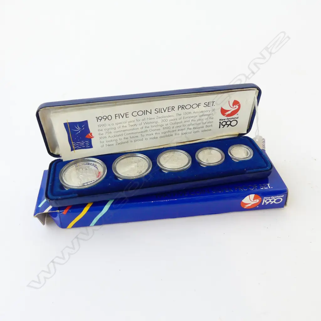 NEW ZEALAND 1990 FIVE COIN STG SILVER PROOF SET 65.83gms Image 1++