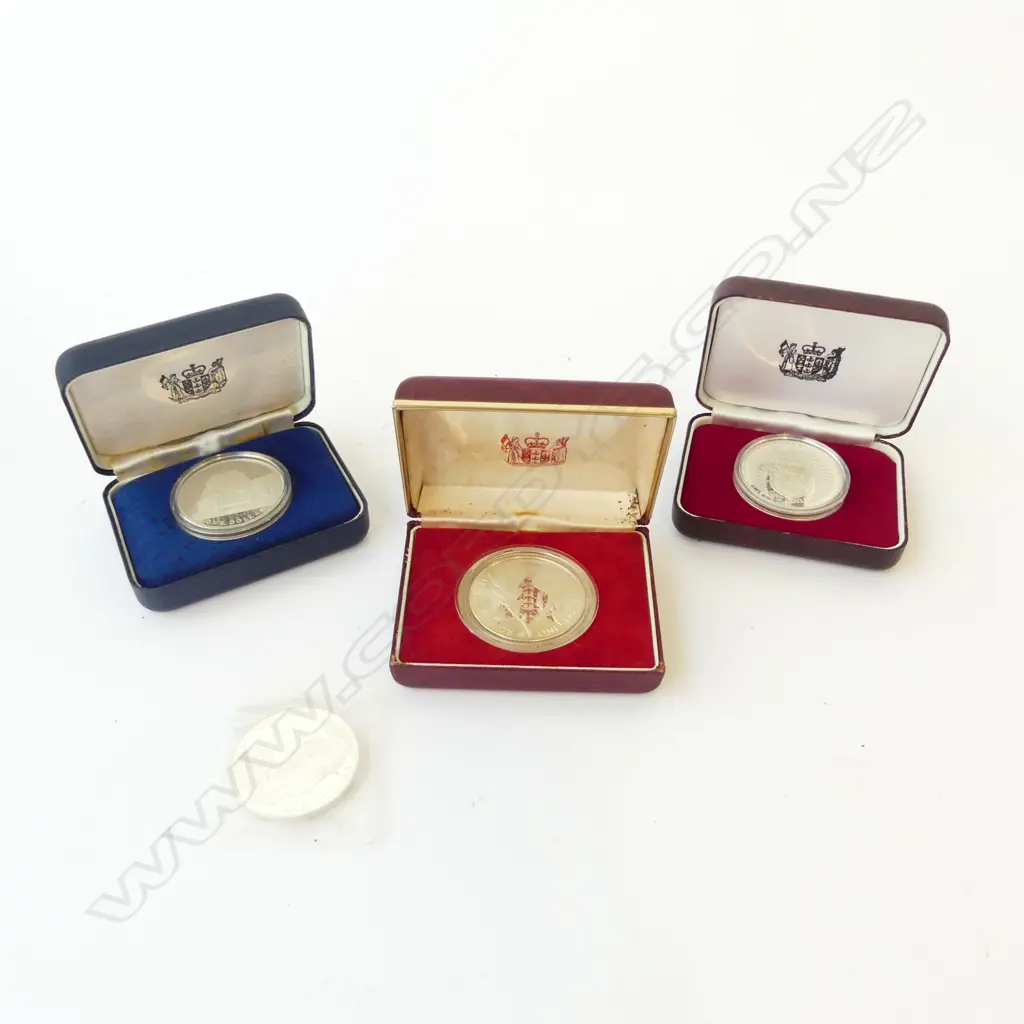 3 CASED N.Z. SILVER? ONE DOLLAR COINS + LOOSE 6 FEB. WAITANGI DAY SILVER? ONE DOLLAR COIN Image 1++