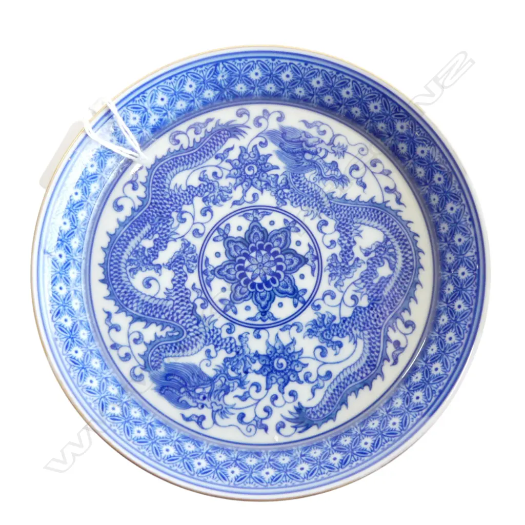 Blue and White Porcelain Plate with the Pattern of Two Dragons Playing with a Pearl（Yongzheng mark but later). Dia.150mm Image 1++