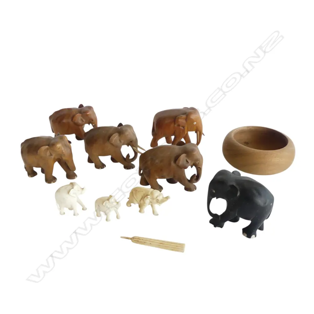 CARVED WOOD & IVORY ELEPHANTS Image 1++
