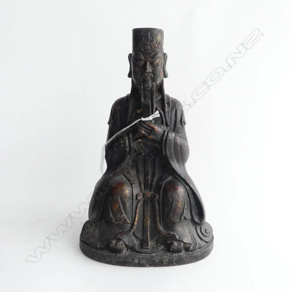 ORIENTAL BRONZEL SEATED BUDDHA remains of dark patina & gilt. H.255mm Image 1++