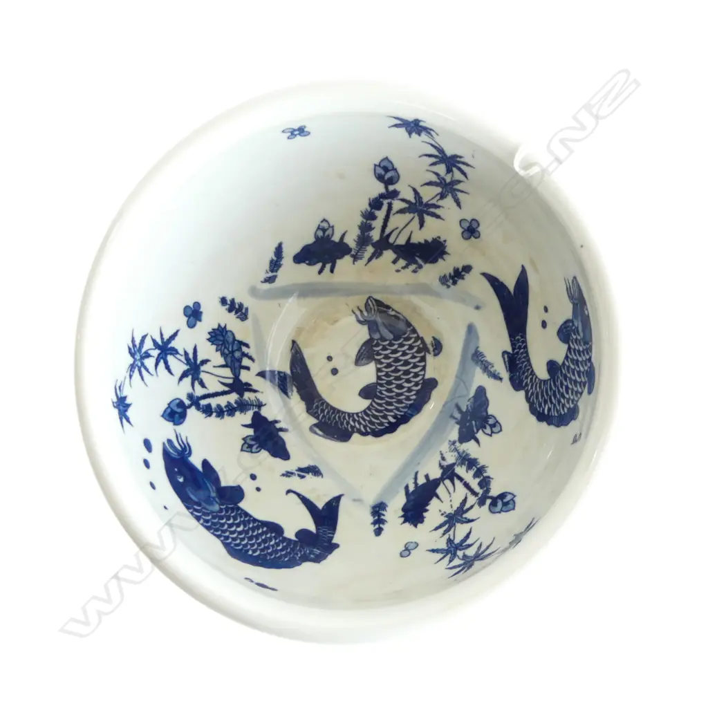 Chinese Blue & White bowl with “Fish Playing” Pattern (Wanli mark Ming Dynasty but later), Dia.220mm. H.120mm Image 1++