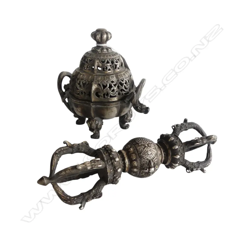 2 ORIENTAL SILVER METAL PCES; CENSOR H.180mm & VAJRA L.275mm Image 1++