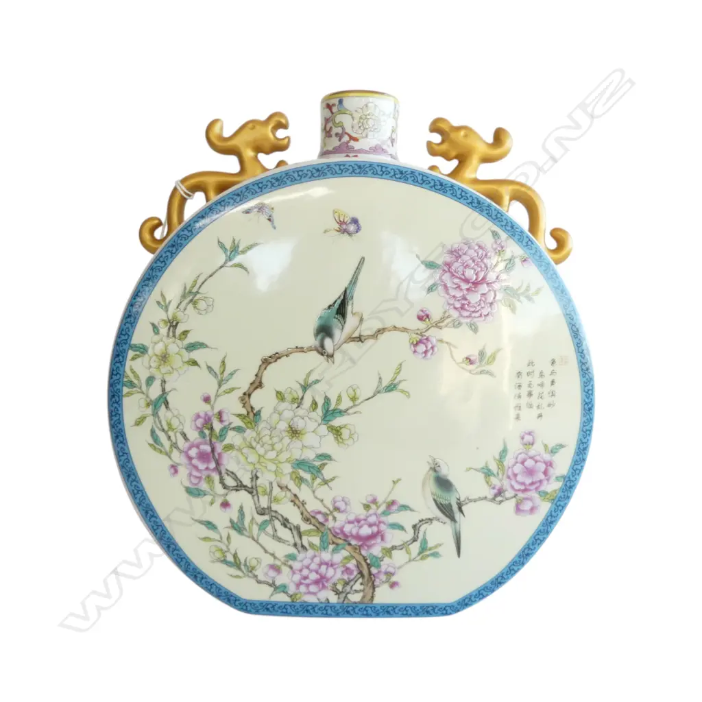 Enamel Moon Holding Bottle with Longevity Bird (Qianlong Period mark of Qing Dynasty but later),  Transfer decoration ha Image 1++