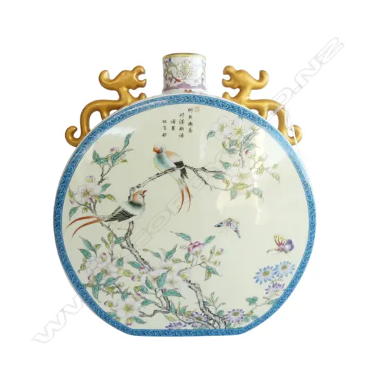 Enamel Moon Holding Bottle with Longevity Bird (Qianlong Period mark of Qing Dynasty but later),  Transfer decoration ha