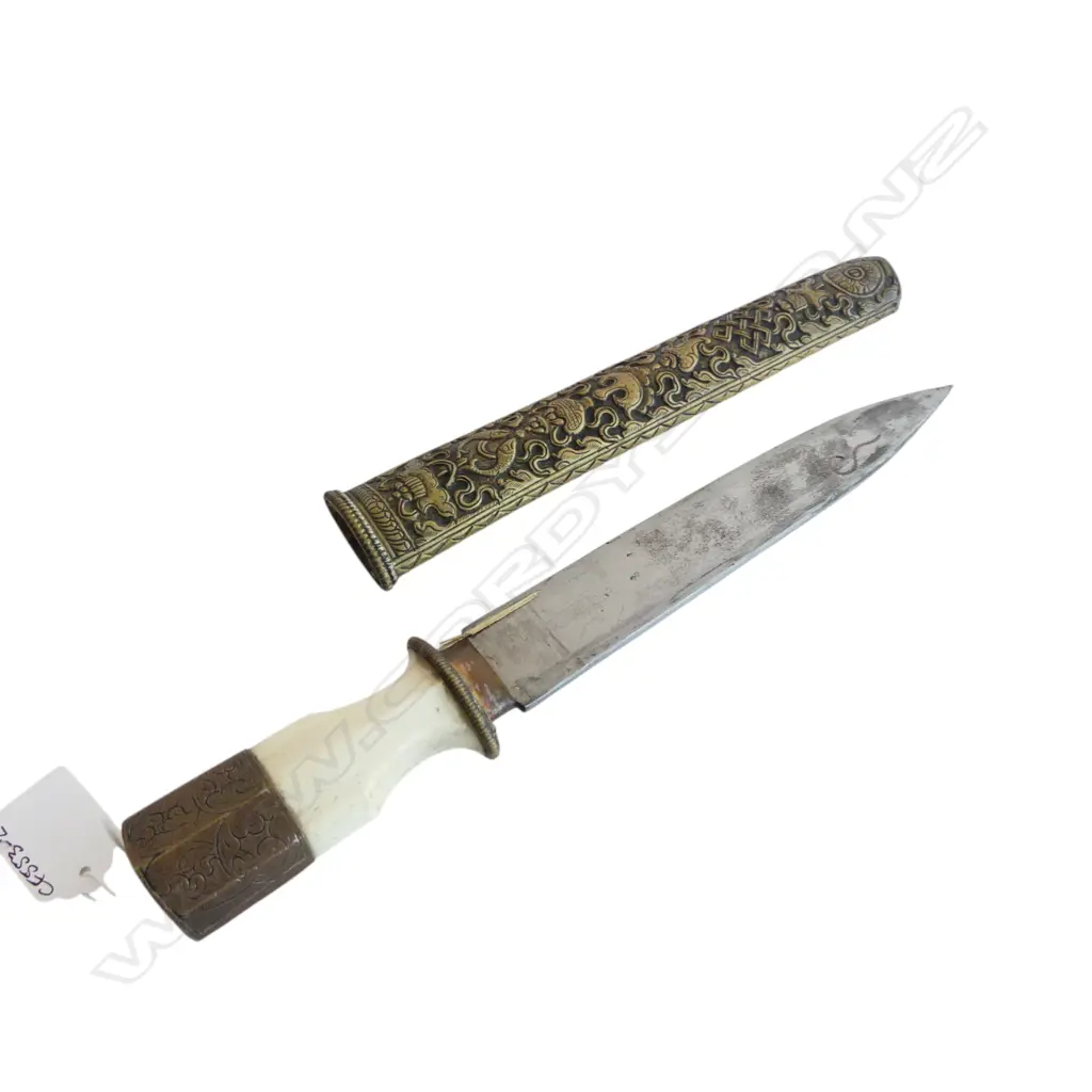 TIBETAN CEREMONIAL DAGGER (DOSSUM) WITH BONE HANDLE IN EMBOSSED SCABBARD L.300mm Image 1++