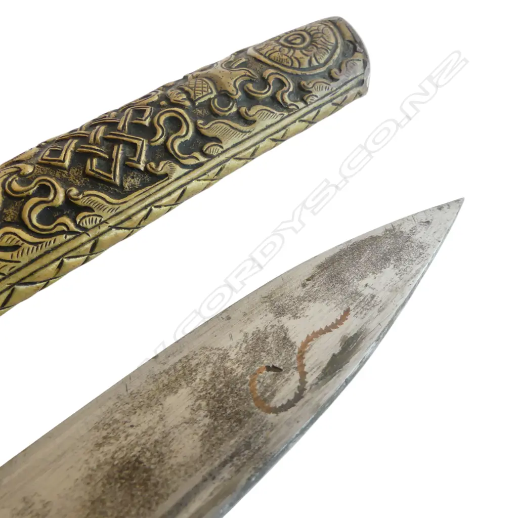 TIBETAN CEREMONIAL DAGGER (DOSSUM) WITH BONE HANDLE IN EMBOSSED SCABBARD L.300mm Image 1++