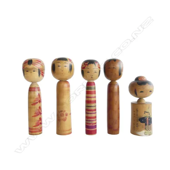 FIVE 1950's KOKESHI DOLLS, most signed on base, tallest 180mm