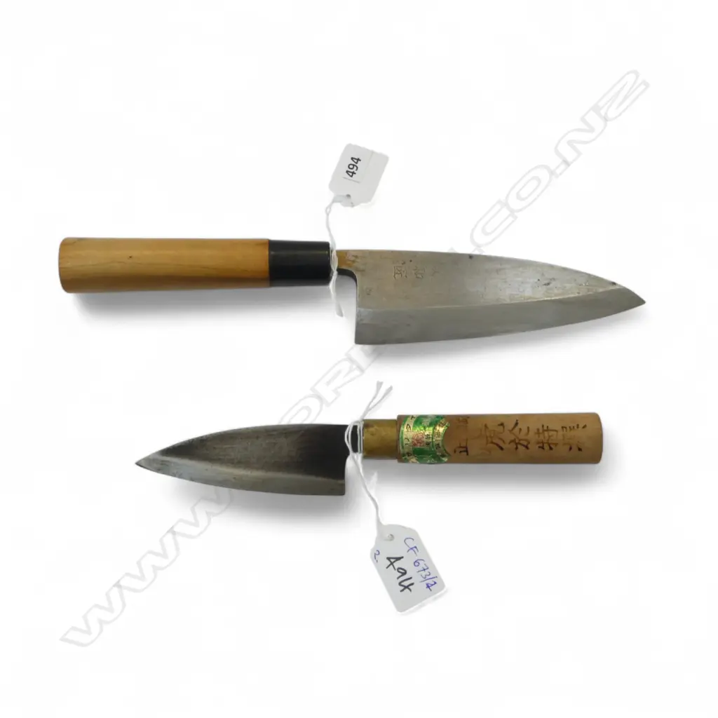 2 OLD JAPANESE CARBON STEEL CHEFS KNIVES L.285, 215mm Image 1++