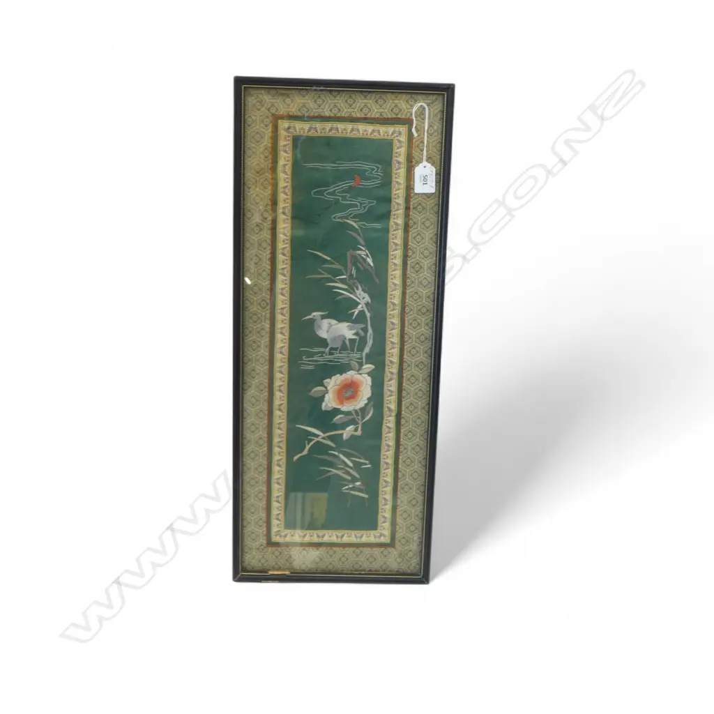 VINTAGE FRAMED CHINESE SILK EMBROIDERY, STORK & FLOWER MOTIFS, 610 x 230mm (sml damage to frame) Image 1++