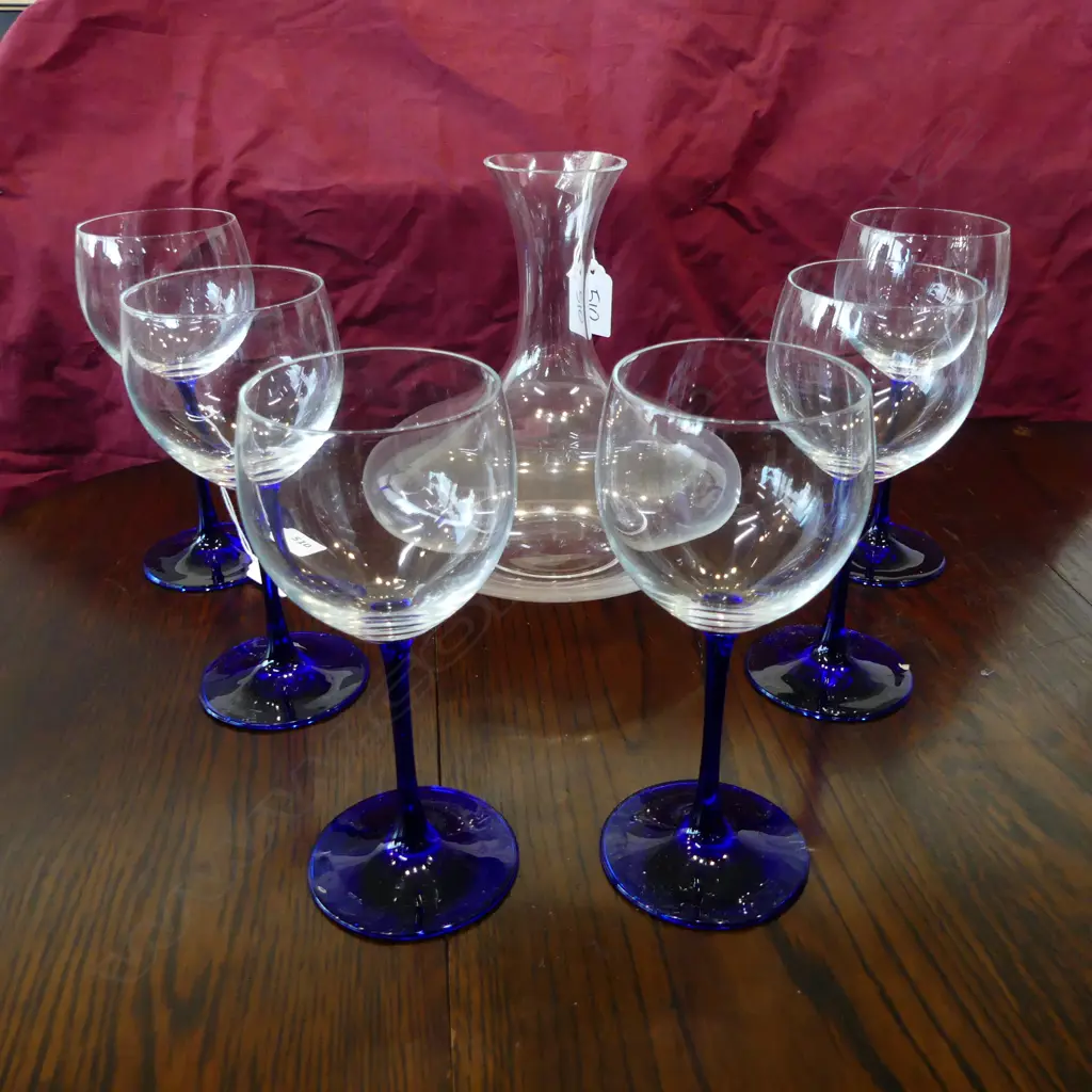 6 ZWIESEL BLUE STEM WINE GLASSES H.175mm + SPIEGELAU CRAGGY RANGE WINE CARAFE H.200mm Image 1++