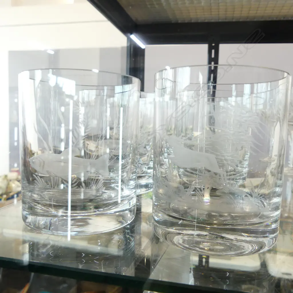 SET OF 8 WMF? HUNTING SCENE ENGRAVED CRYSTAL TUMBLERS Image 1++