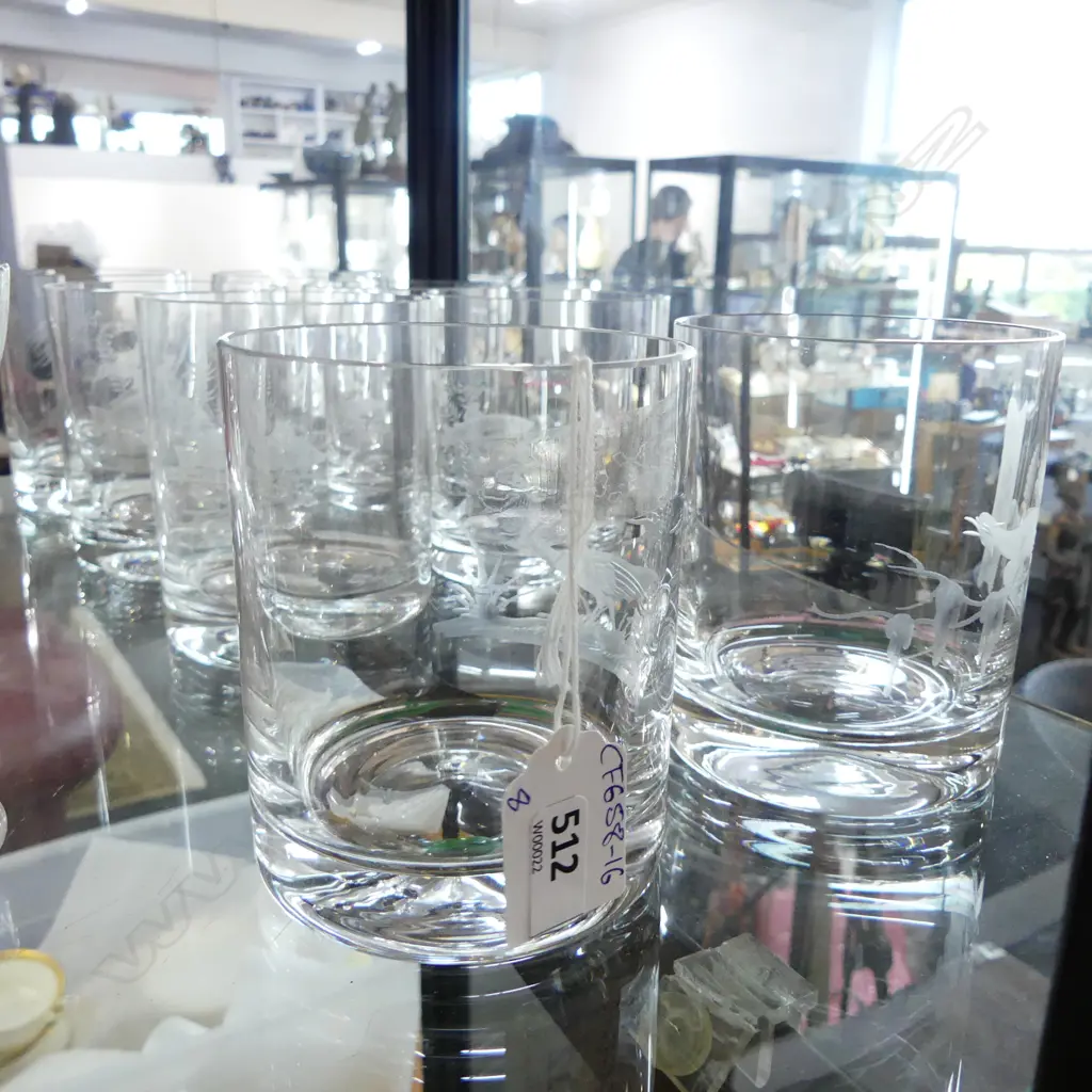 SET OF 8 WMF? HUNTING SCENE ENGRAVED CRYSTAL TUMBLERS Image 1++