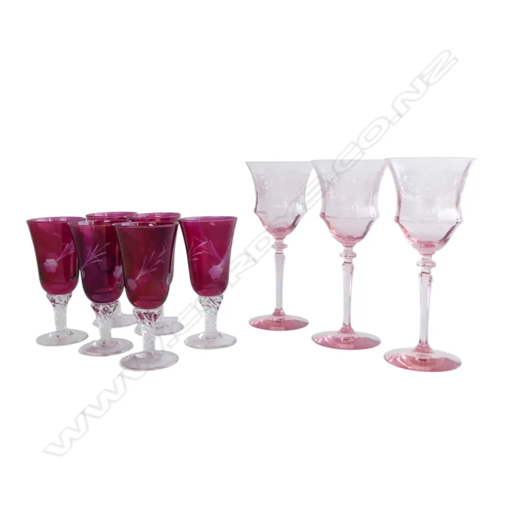 3 PINK WINE GLASSES H.205mm + 6 CRANBERRY COLOURED GLASSES H.140mm Image 1++