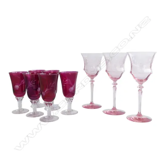 3 PINK WINE GLASSES H.205mm + 6 CRANBERRY COLOURED GLASSES H.140mm