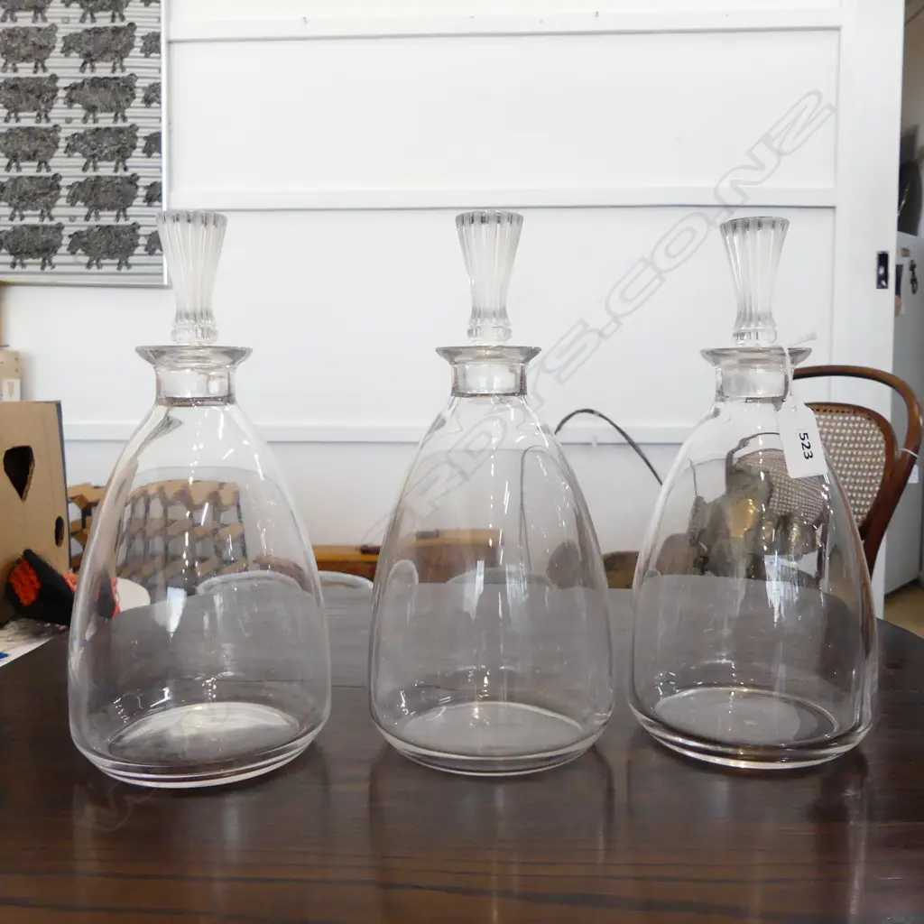3 LALIQUE DECANTERS H.245mm crack to base of one Image 1++