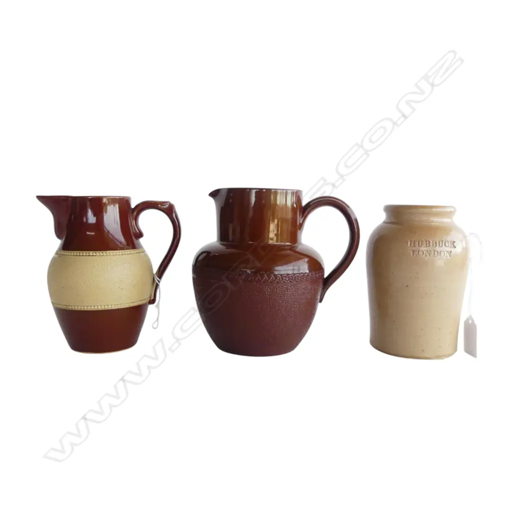 TWO ANTIQUE LOVATT LANGLEY GLAZED STONEWARE PITCHERS & SML CROCK VESSEL Image 1++