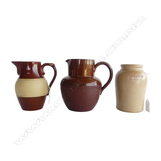 TWO ANTIQUE LOVATT LANGLEY GLAZED STONEWARE PITCHERS & SML CROCK VESSEL