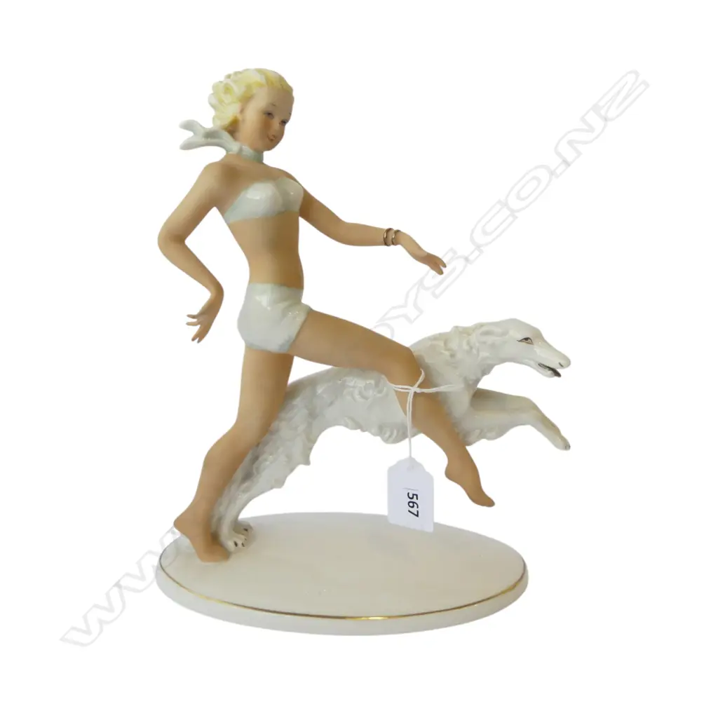 SCHAUBACH-KUNST ART DECO STYLE FIGURINE, WOMAN w. DOG H.250mm Image 1++