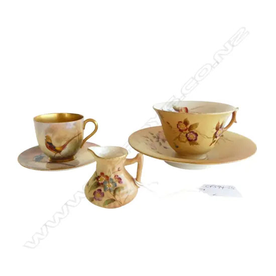 R/WORCESTER DEMI-TASSE COFFEE CUP hand-painted w pheasants + R/Worcester blush cup & saucer + mini jug