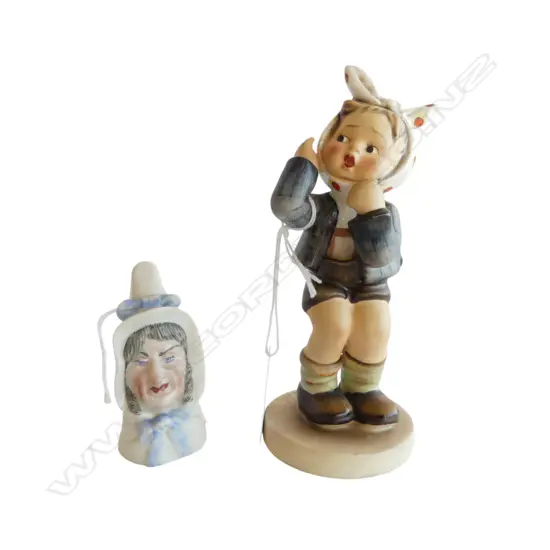 Victorian Royal Worcester candle snuffer Mrs Caudle (from Punch) + Hummel figure Tooth Ache. H.140mm
