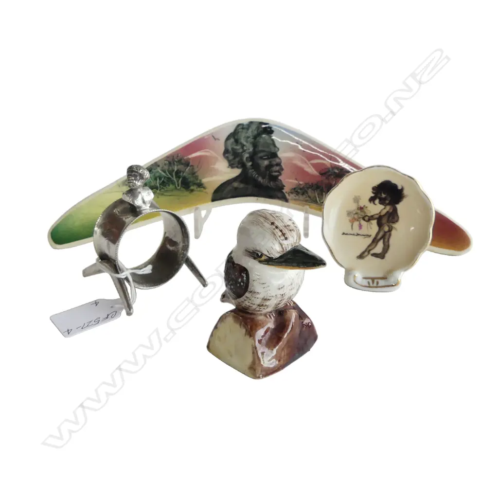 4 VINTAGE AUSTRALIAN PCS; GRACE SECCOMBE HAND PAINTED KOOKABURRA, ABORIGINAL BUST TOPPED NAPKIN RING & 2 OTHERS Image 1++