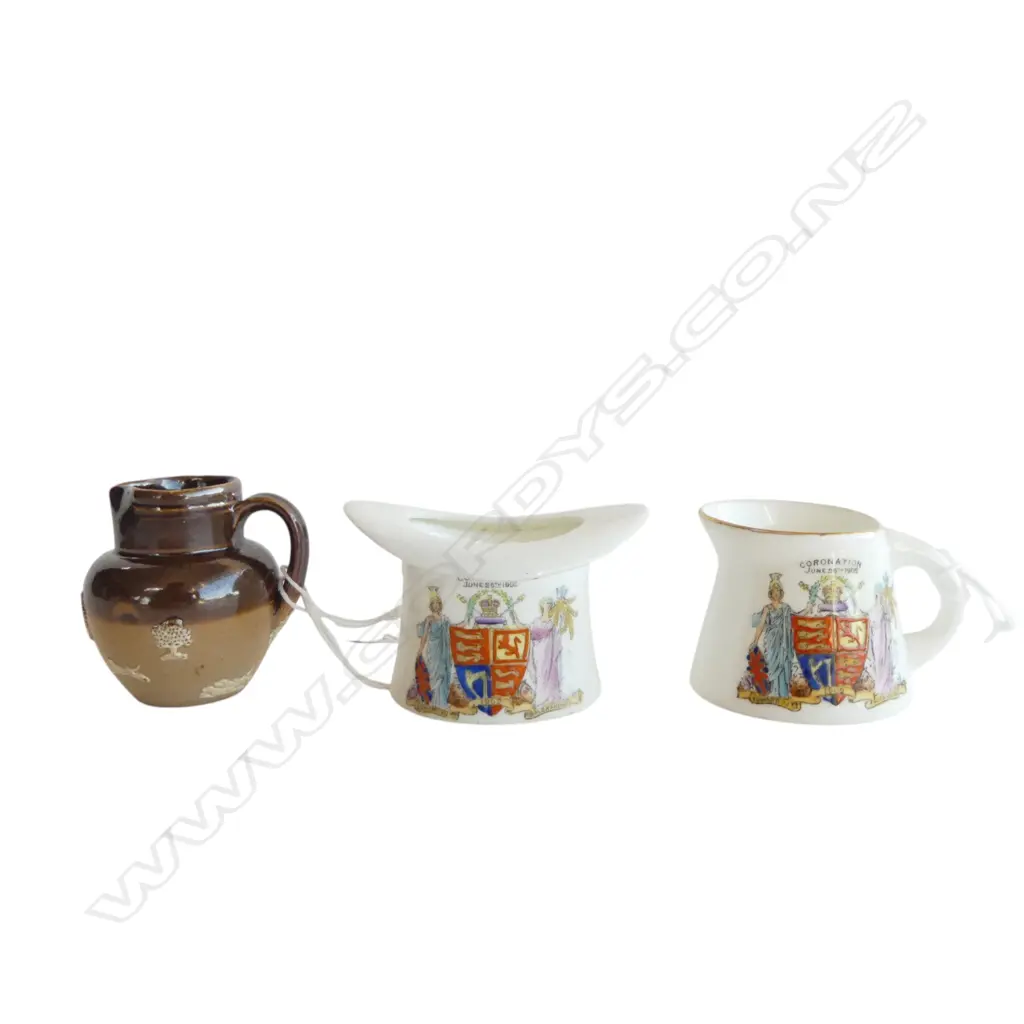 2 Foley China FOLEY Coronation 1902 crested pces + mini Doulton stoneware jug Image 1++