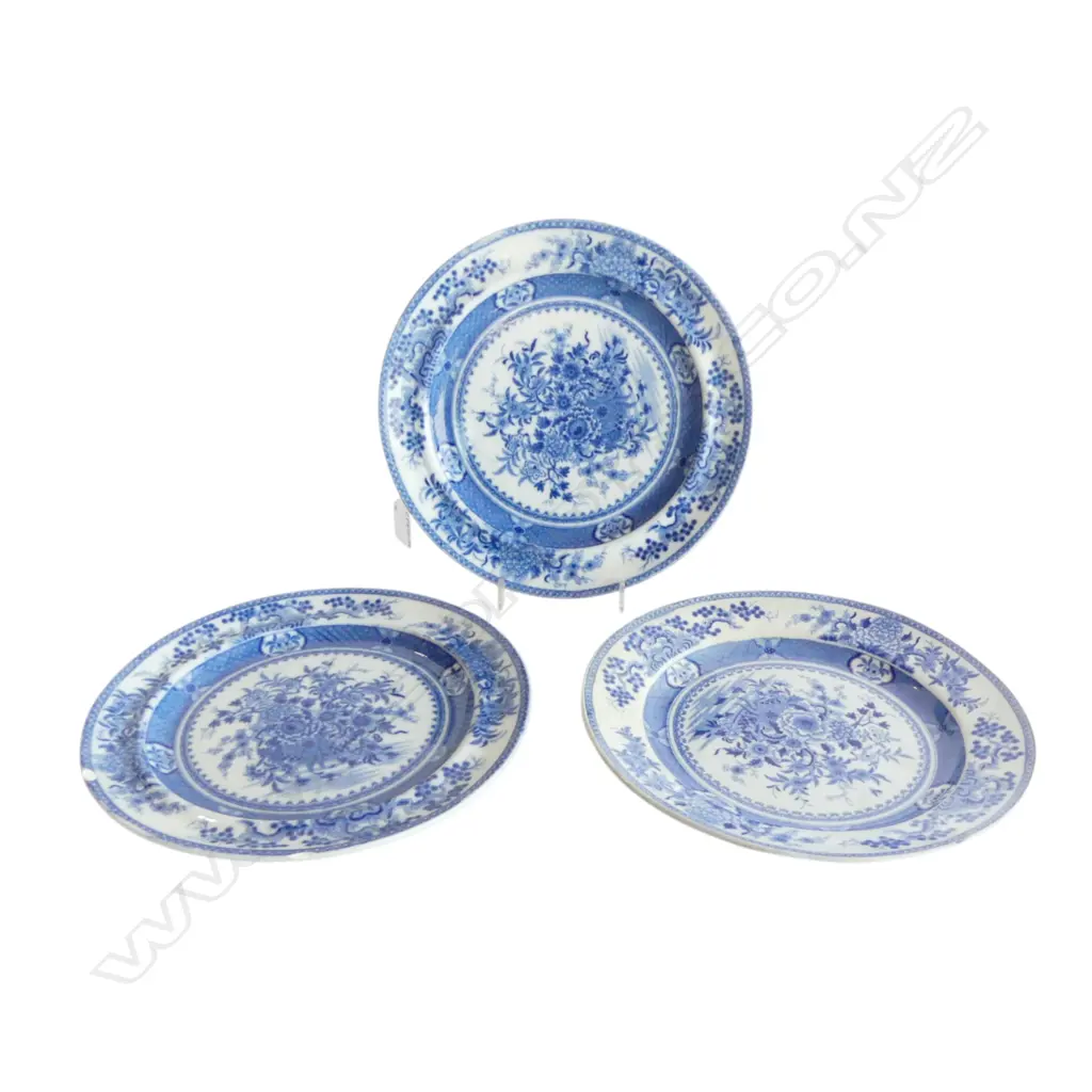 THREE ANTIQUE B/W FLORAL PLATES Dia.250mm one with chip Image 1++