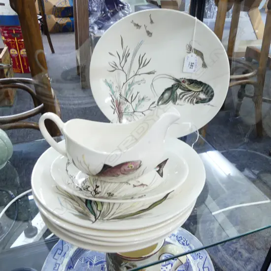 6 JOHNSON BROS FISH PLATES + DISH & GRAVY BOAT