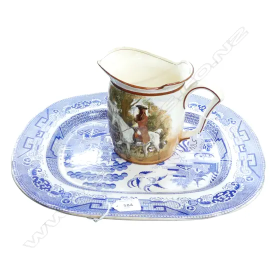 VICTORIAN WILLOW PATTERN ASHET W.410mm + ROYAL DOULTON SIR ROGER DE COVERLEY JUG H.160mm