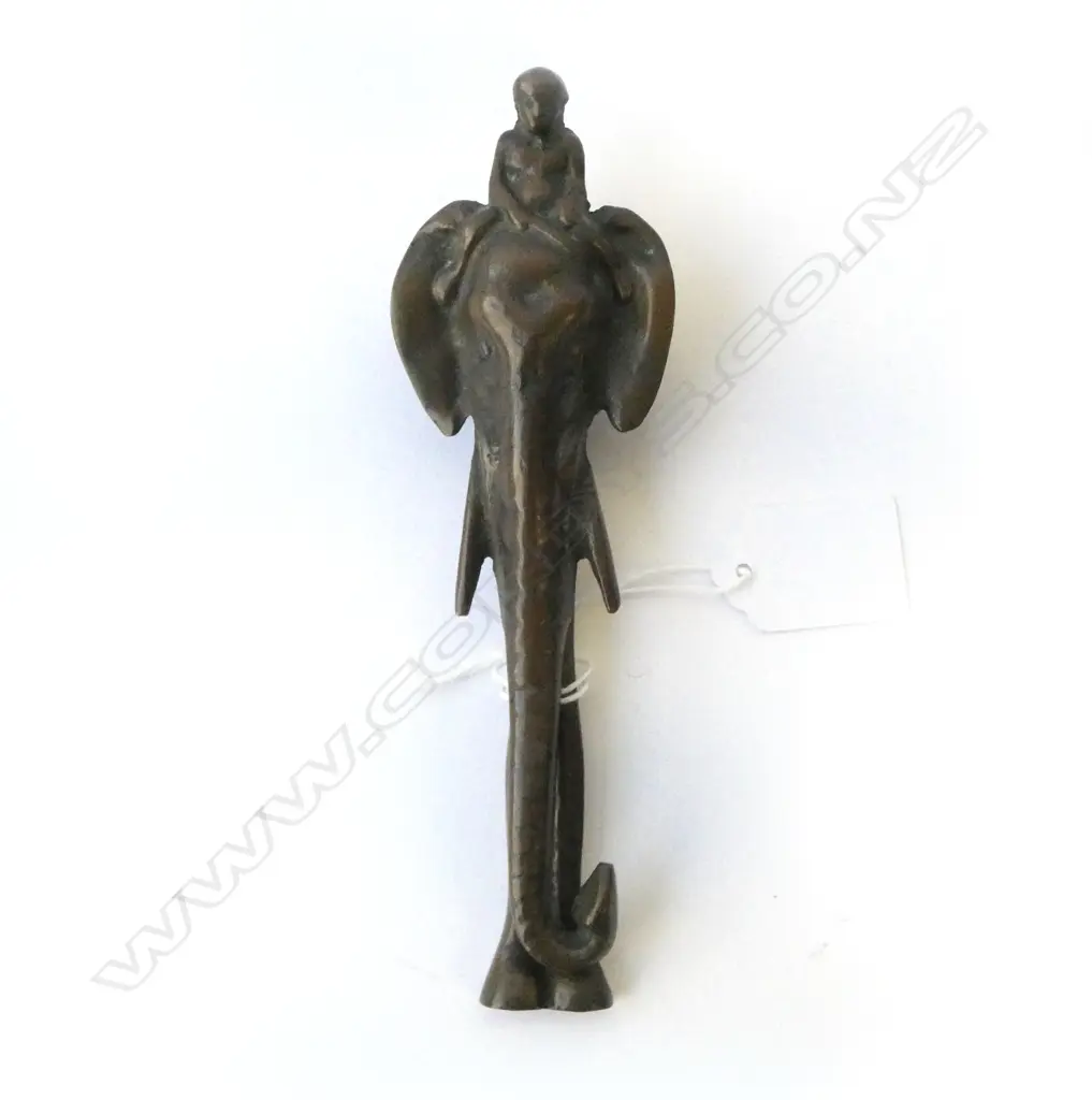 ANTIQUE BRASS DOOR KNOCKER OF ELEPHANT WITH MAN, L.170MM Image 1++