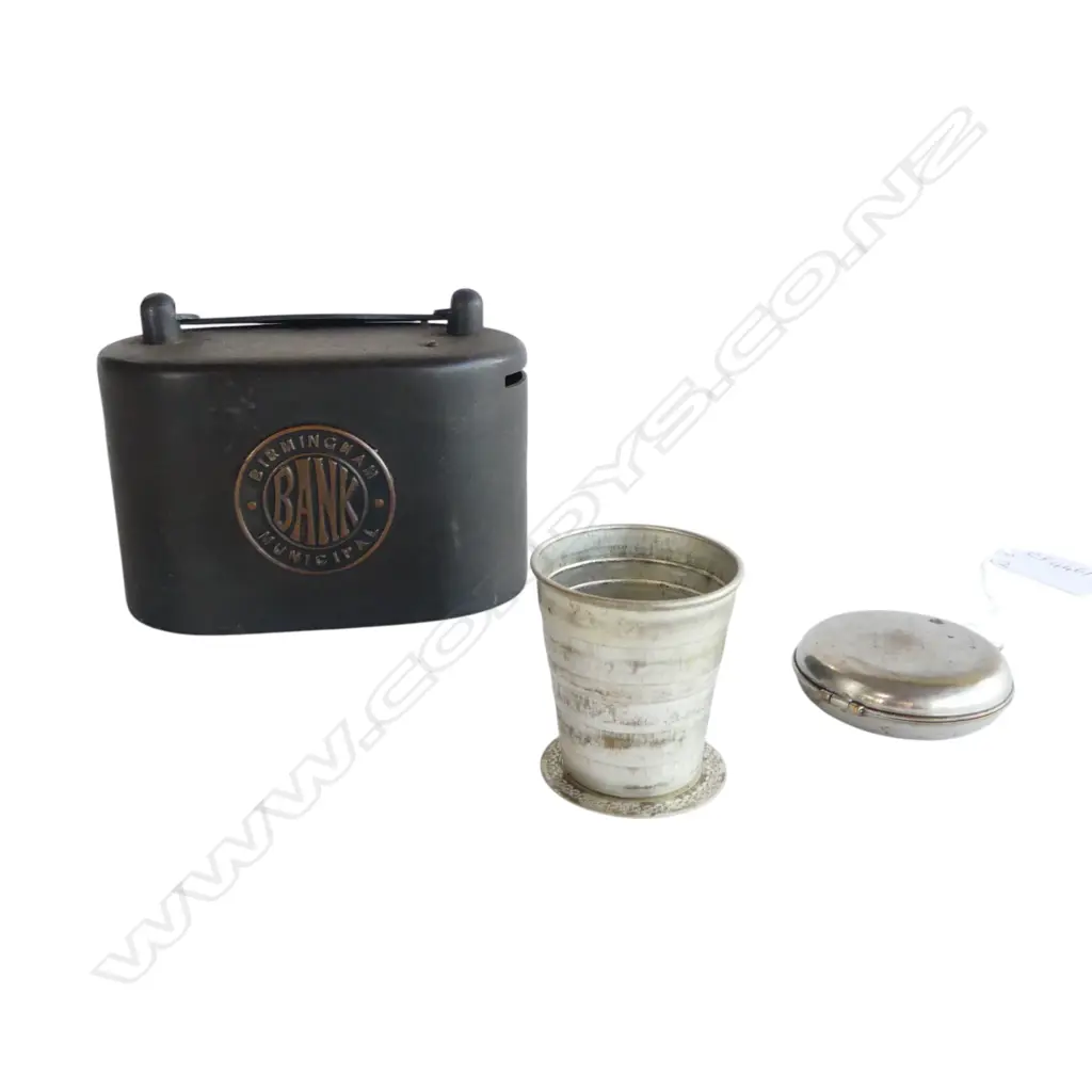 B'HAM COIN BANK W. 110mm, EP EXPANDING SHOT GLASS, CASED Image 1++