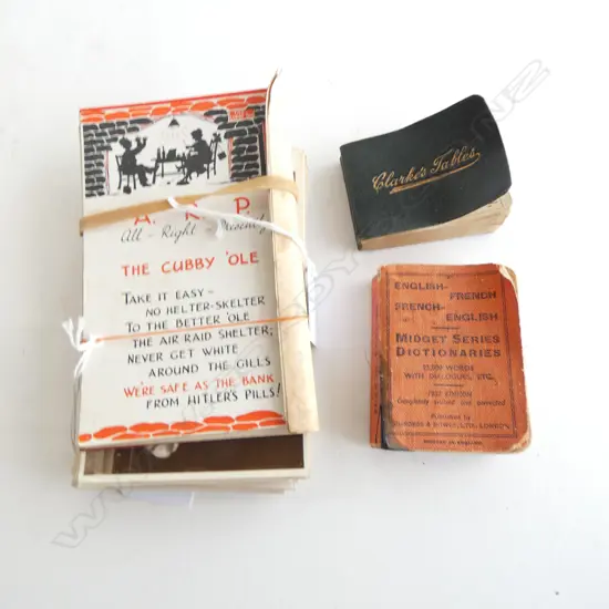 EARLY 20thC POSTCARDS; ENGLISH ROYALTY, WWII w POEMS/WARNINGS & 2 MINI BOOKS; CLARKE'S TABLES & ENG/FRENCH DICTIONARY