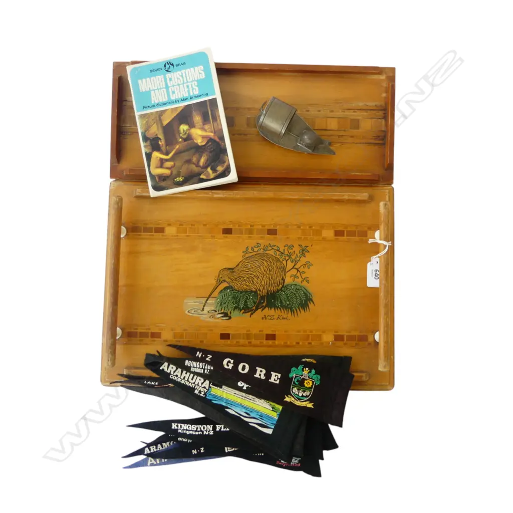 2 'SOVEREIGN' N.Z. TIMBER TRAYS W.360mm, MAORI CUSTOMS AND CRAFTS BOOKLET, ASST. NZ PENNANTS & E/P KIWI NAPKIN STAND Image 1++