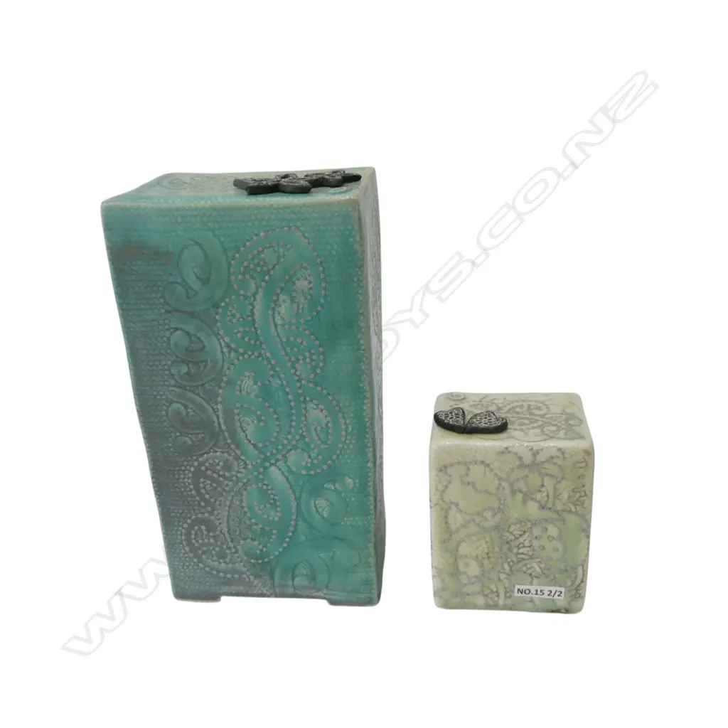 TWO BLOCK SCULPTURES by KEUM SUN LEE, KORU & FLORAL PATTERNS, signed, H.230/1110mm Image 1++