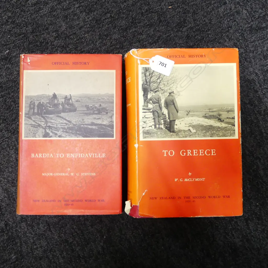 TWO VOLUMES OF 'OFFICIAL HISTORY OF N.Z. IN WWII' - 'BARDIA TO ENFIDAVILLE' & 'TO GREECE' Image 1++