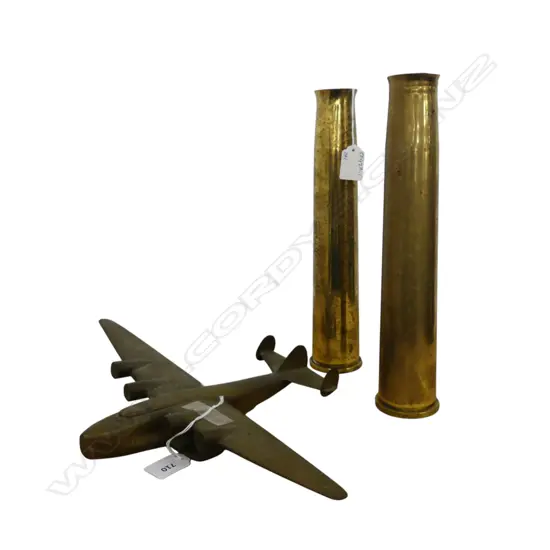 2 BRASS SHELLS H.310 + BRASS PLANE ORNAMENT W.360mm