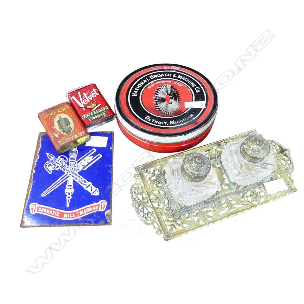 ANTIQUE BRASS DESK SET W.350mm, 3 TINS 230mm dia, ENAMEL SIGN Image 1++