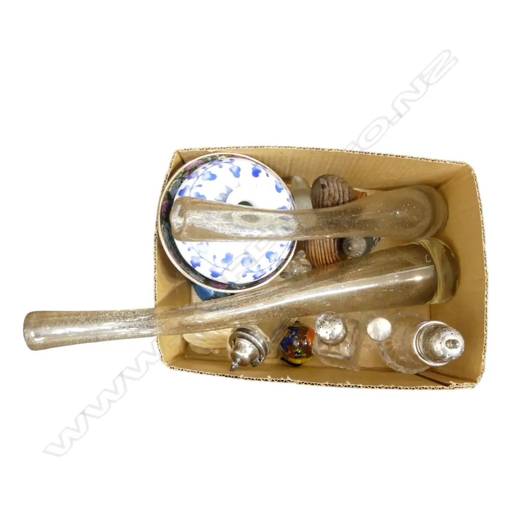 ASST. ITEMS; ART GLASS ANIMALS, BOWLS, STG CAPPED PERFUME BOTTLE Image 1++