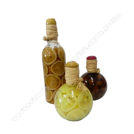 3 DECORATIVE KITCHEN DISPLAY BOTTLES; ORANGES H.380mm, LEMONS, OLIVES