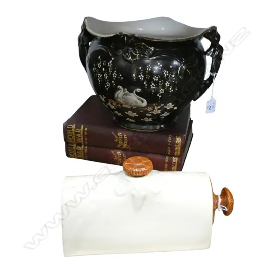 5 ITEMS; 2 WWI BOOKS, HOT WATER BOTTLE, BLACK JARDINERE, FRAMED NEEDLEWORK 455x400mm