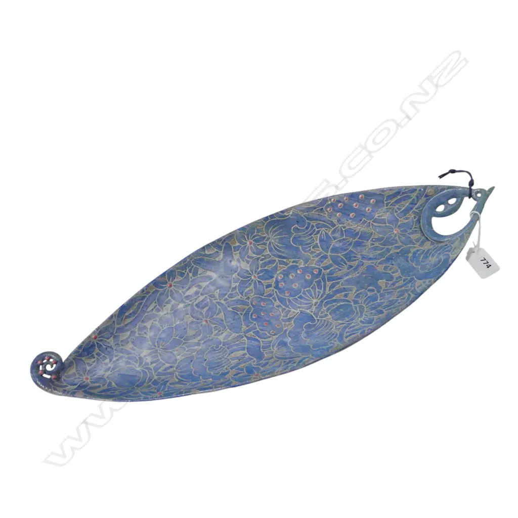 KEUM SUN LEE BOAT SHAPED DISH, PALE BLUE w bronze dot highlights & koru finial, L.470mm Image 1++