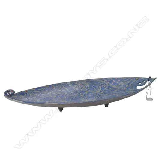 KEUM SUN LEE BOAT SHAPED DISH, PALE BLUE w bronze dot highlights & koru finial, L.470mm