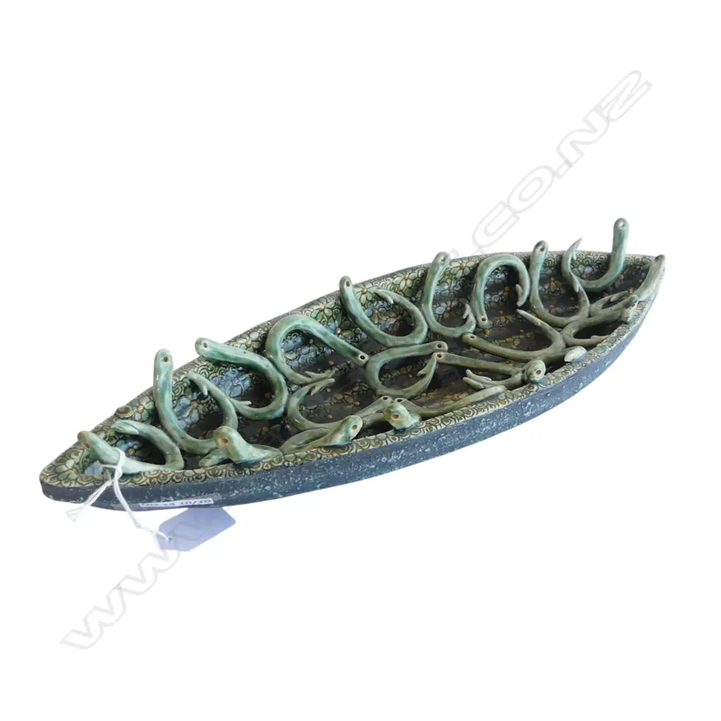 KEUM SUN LEE BOAT SHAPED TROUGH DISH w APPLIED FISH HOOK RELIEF, L.400mm Image 1++