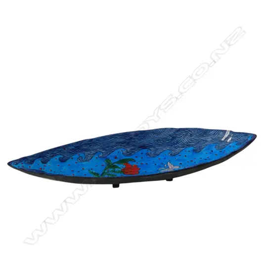 KEUM SUN LEE BOAT SHAPED DISH, BLUE w HANDPAINTED WAVE & FLORAL DESIGN (not food safe), L.480mm