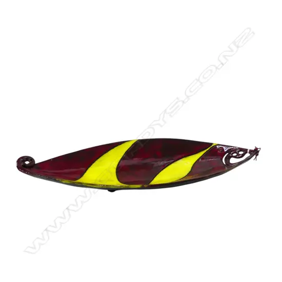 KEUM SUN LEE BOAT SHAPED DISH, yellow & red w koru finial, L.480mm