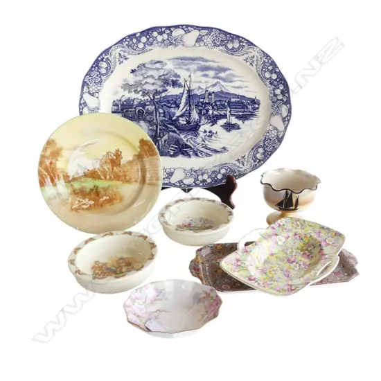 VINTAGE B/W ASHETTE, DOULTON CABINET PLATE, 3 PCS ENGLISH CHINA , TWO BUNNIKINS DISHES & TORQUAY COMPOTE