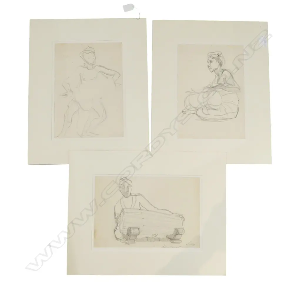 3 x Theo Schoon pencil drawings untitled Thai Drummers 285 x 200mm. 1 entitled 'Solo' Ex John Perry estate Image 1++