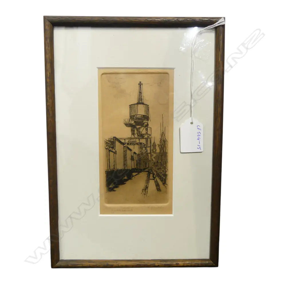 NANCY ACHESON 'Queens Wharf Auckland' engraving signed and titled 140 x 70mm. ex Estate of John Perry Image 1++