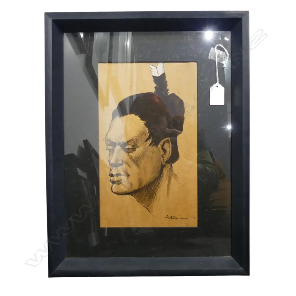 A S PATERSON INK & WASH SKETCH. Portrait of a Māori Man with huia feather. 285 x 170mm. In deep contemporary frame. Image 1++